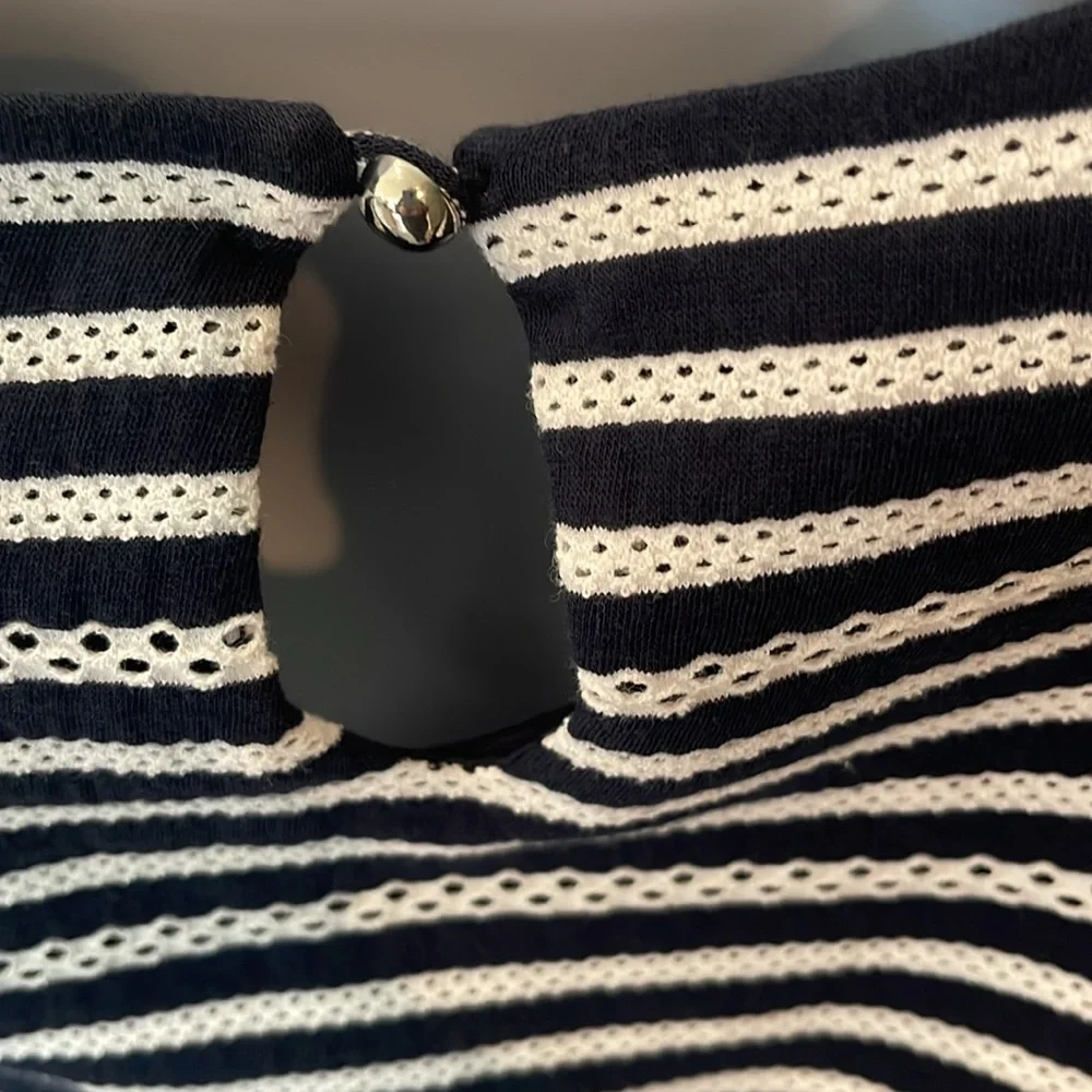 CJ Banks Navy Blue and White Striped Short Sleeve Top - Picture 2 of 8